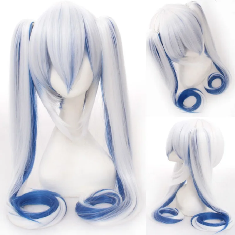 

120CM Vocaloid Miku White Blue Gradual Wig With 2 Clip Ponytails Beginner Future Synthetic Hair Women Universal Cosplay Wigs