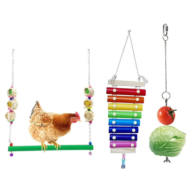 

3PCS Chicken Toy Swing Xylophone Toy Veggies Fruit Holder,Bird Chicken Feed Toys Chicken Stand Toy For Hens Bird Parrot