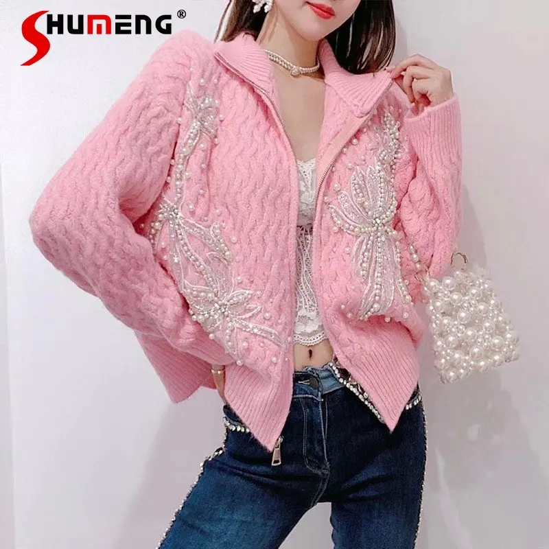 Women 2022 Autumn Winter New Korean Style Fashion Fairy Sweater Cardigan Coat Ladies Sweet Beads Loose Slimming Knitted Top
