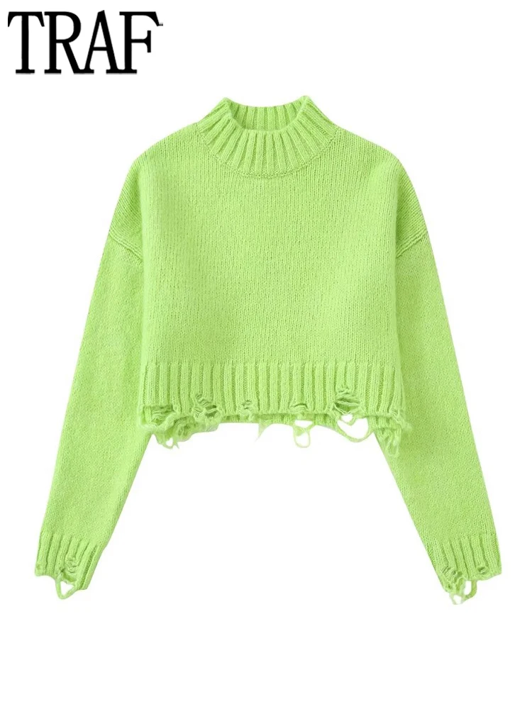 

Зеленый укороченный свитер TRAF, вязаный свитер, пуловер, женский осенний свитер с длинным рукавом, уличная одежда, женский джемпер