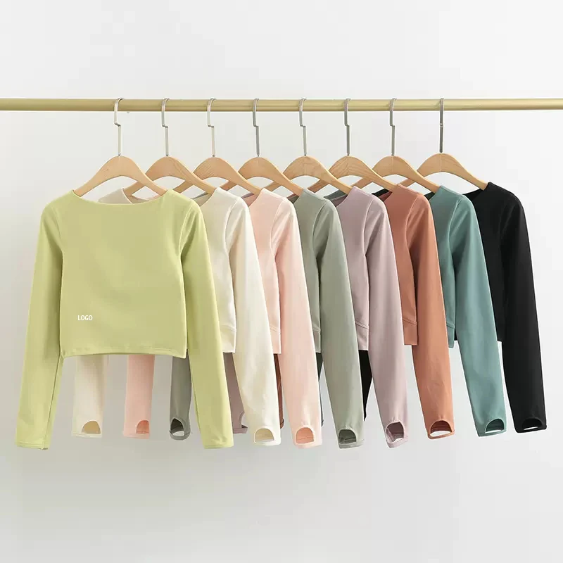 With Logo Workout Tops for Women Yoga Top With Chest Pad Exposed Navel Sports Long Sleeve Fitness T-Shirt Outdoor Cycling Tights