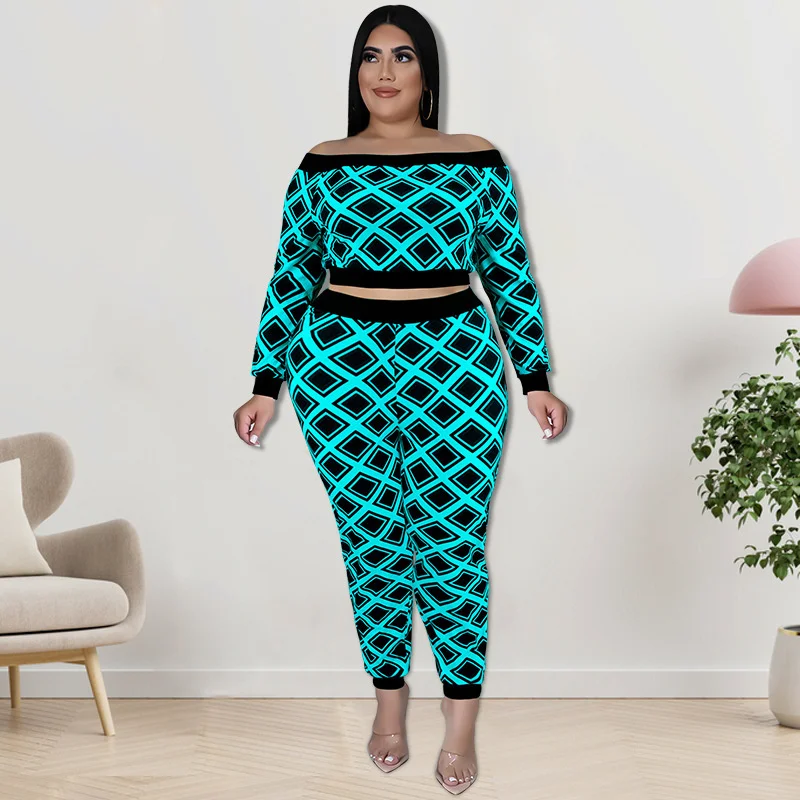 Plus Size Women's Two-piece Sets Fashion Print Long-sleeved Tops With Pants Set Casual Large Size Female T-shirt Trousers Outfit