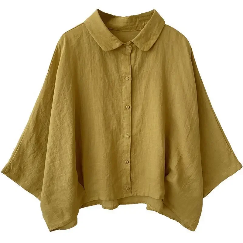 Хлопково-льняная женская рубашка 2024 весна-лето новая с рукавами 3/4 летучая мышь