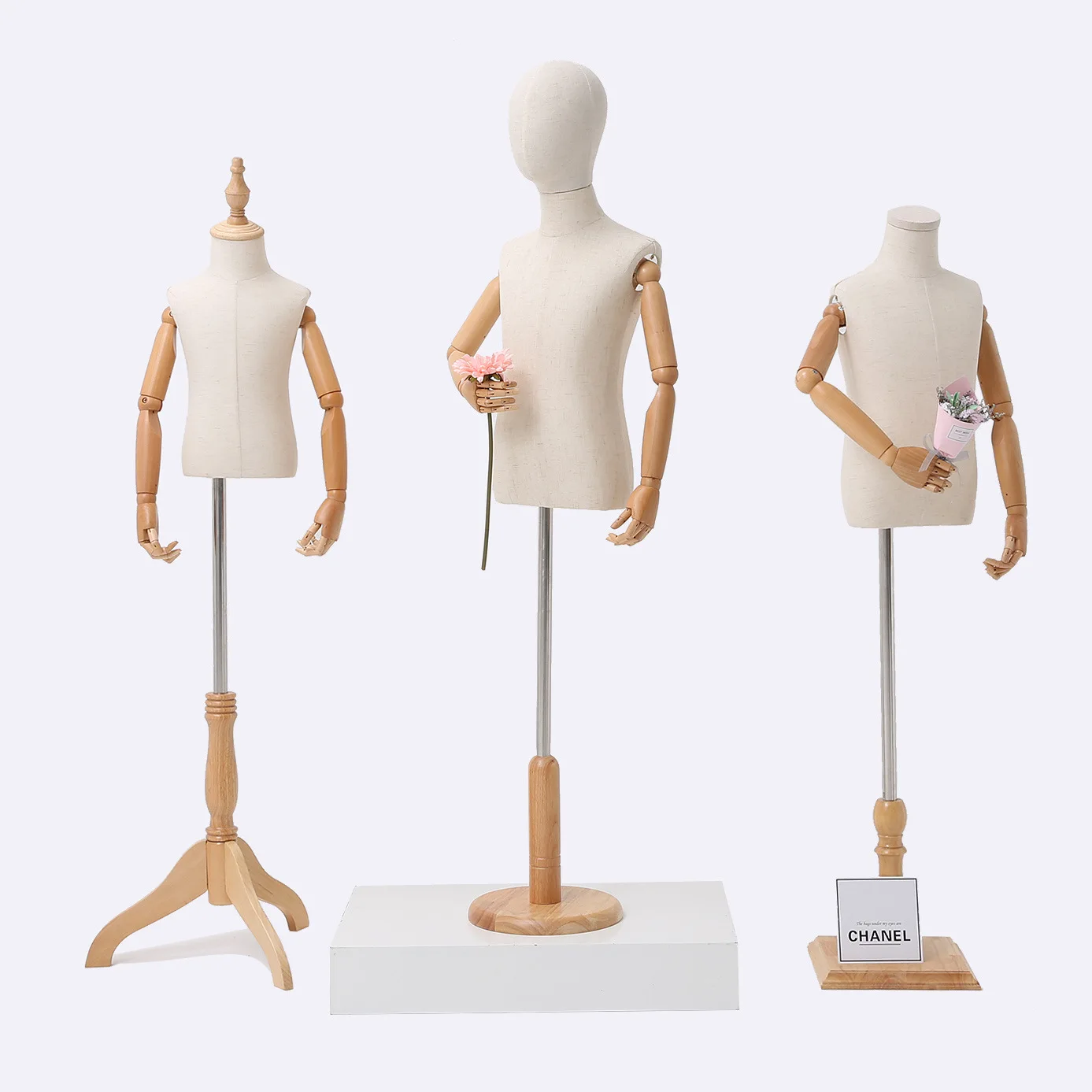 Kid Dress Form Fabric Cover Half Body Children's Model Mannequin Model Torso Wood Base With Wooden Arms For Window Display