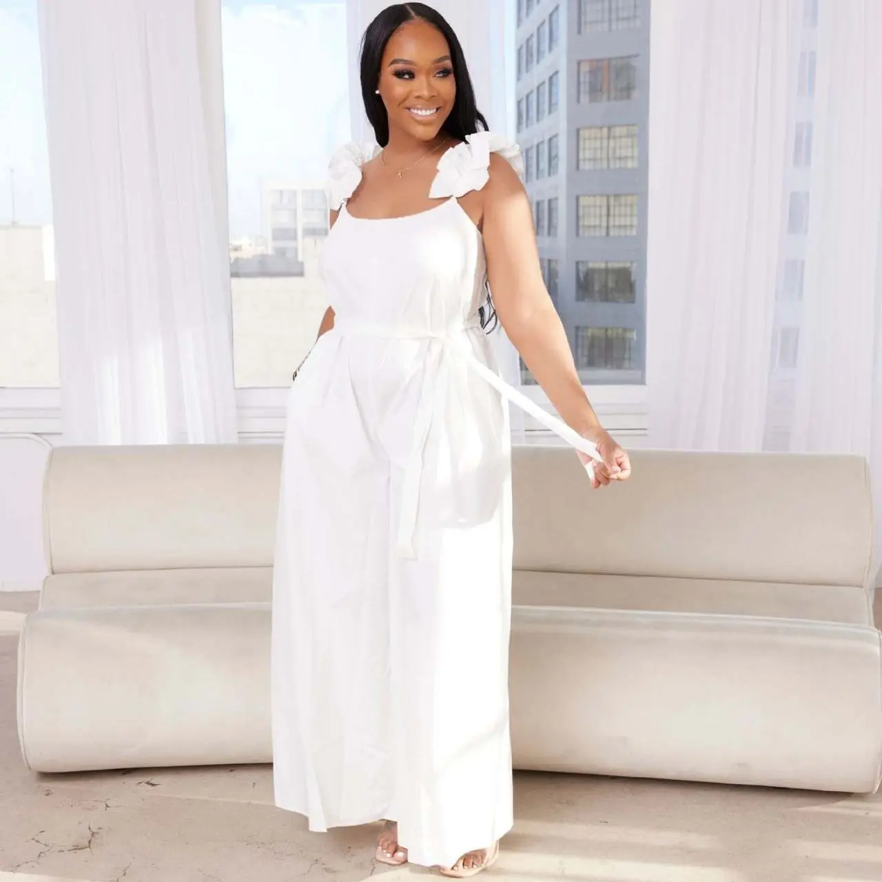 Plus Size Elegant Jumpsuit Sleeveless Belt Club Outfit Female Outwear Designer Wide Leg Pants 2023 Summer Fashion Women Jumpsuit