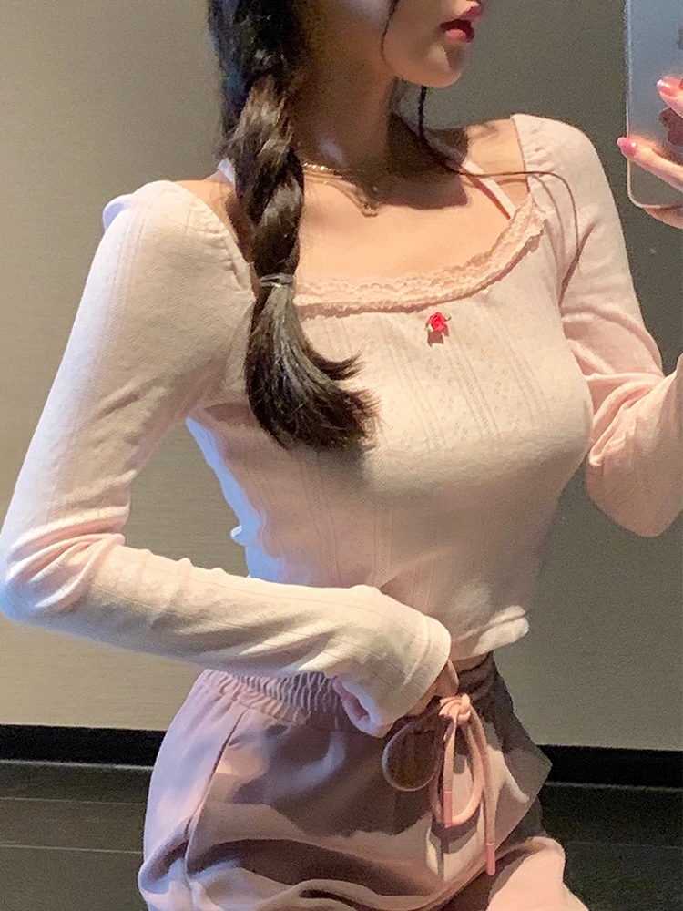 

Pink Tops Tee Women Summer Lace Trim Flower Decoration Square Collar Long Sleeve Cute Tops for Sweet Girl Kawaii Clothes