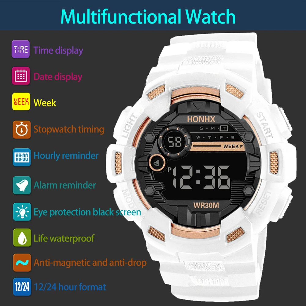 Часы мужские цифровые спортивные с датой водонепроницаемые до 5 м белые черные |