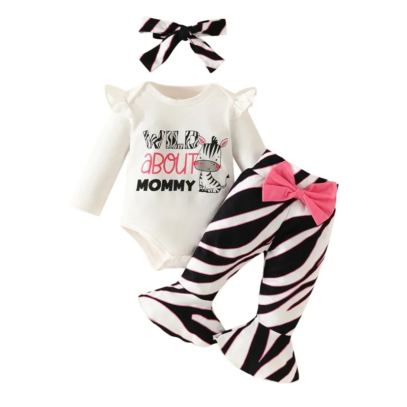 

Zebra Print Outfit Baby Girl Costume Ruffle Long Sleeve Romper Stripe Flare Pants Headbands Animal Cosplay Clothes