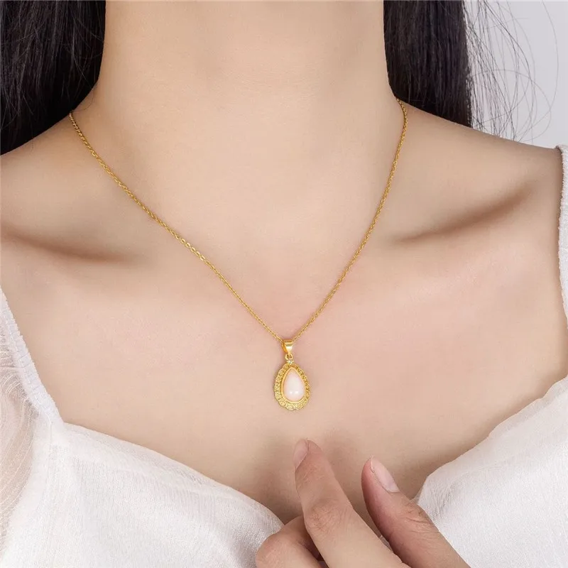 Женская позолоченная Ретро резная форма капли воды инкрустированная нефритовая