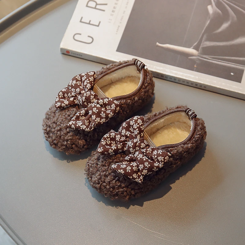 

Fashion Toddler Girls Lamb Furry Shoes Autumn Winter Little Girls Plush Warm Casual Shoes 3 4 5 6 Years Non-slip Shoes Flats