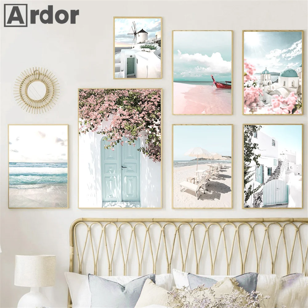 

Flower Beach Landscape European Building Wall Art Canvas Painting Nordic Poster And Print Modern Pictures Living Room Home Decor