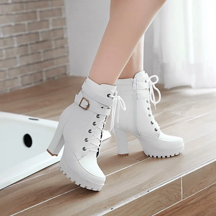 Winter Autumn Women's Boots PU Leather Zipper Warm Belt buckle White Boots Lace Up Black Casual Thick Sole Biker Boots Large siz
