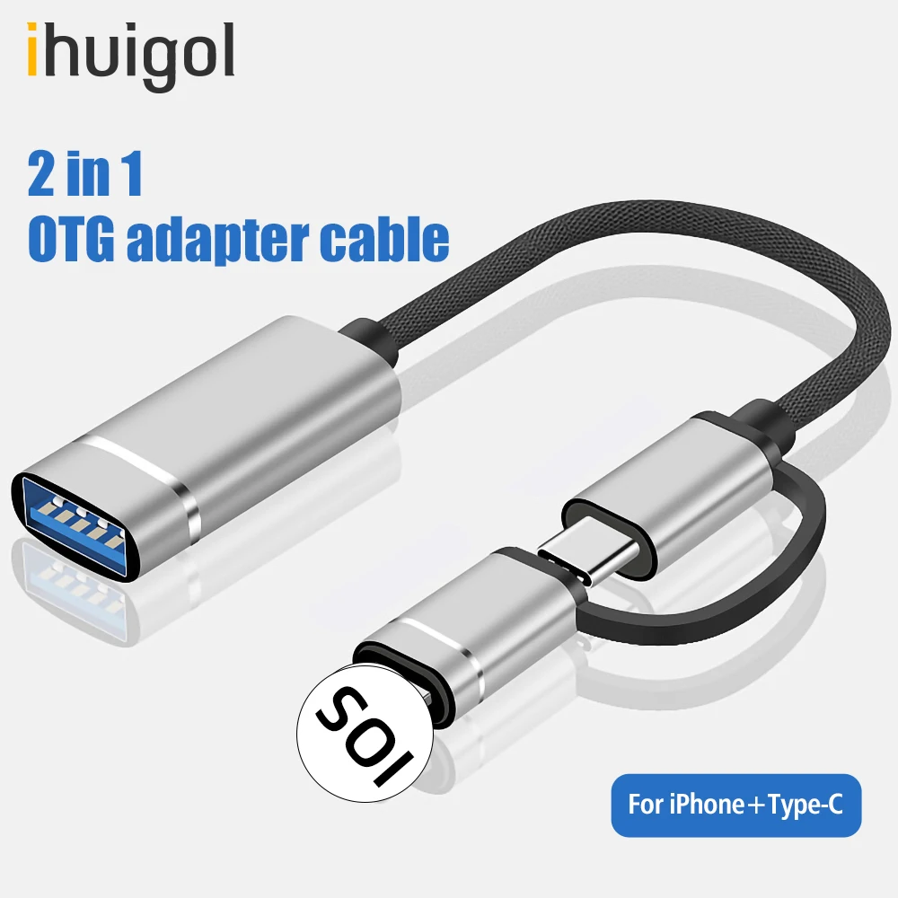 

ihuigol 2 in 1 OTG Adapter Cable USB 3.0 to Lighting Type C Data Converter Mouse Keyboard U Disk Camera For iPhone 12 Samsung S9