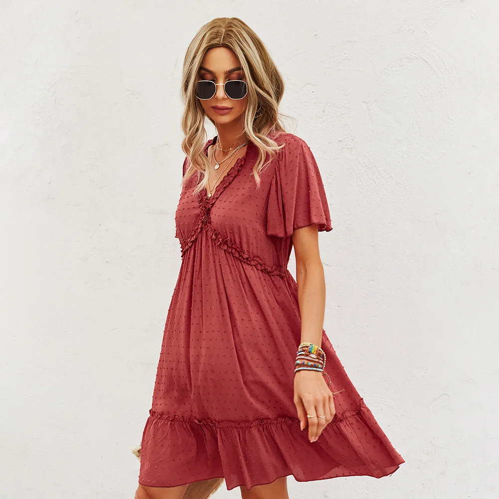 

WOMAN DRESS FASHION Girls Casual Prom Elegant Summer Short Sleeve Solid Color Dress Clothing Bestidos De Navidad Vintage
