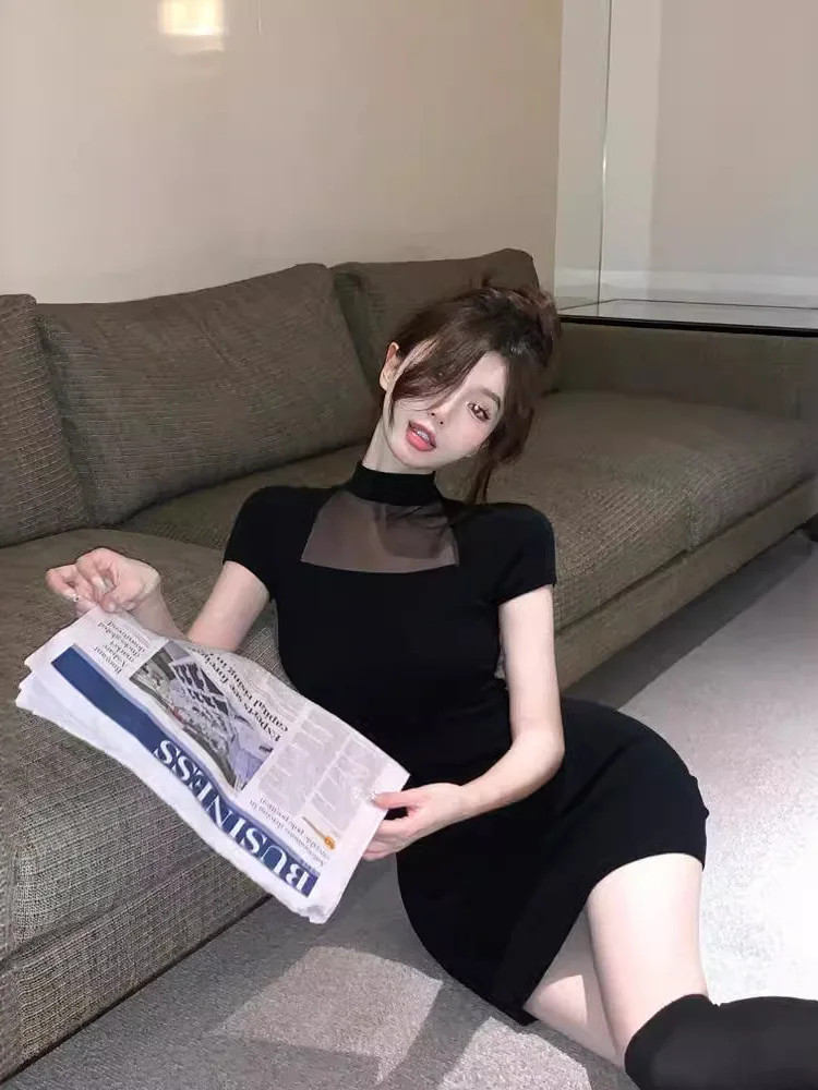 Пикантное облегающее Сетчатое лоскутное платье в Корейском стиле с круглым