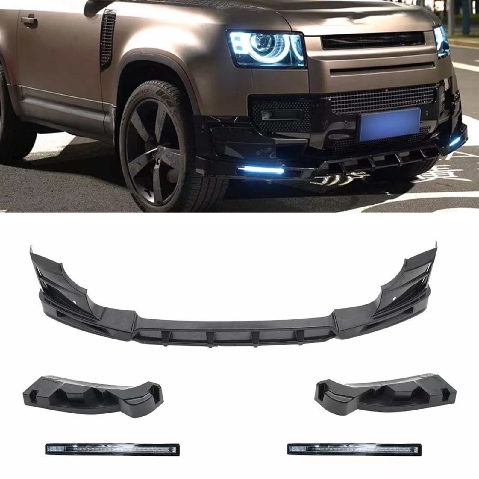 

For Land Rover Defender 2020 2021 2022 2023 2024 Front Bumper Spoiler Lip Gloss Black Lower Splitter Blade Kit+Fog Light Lamp