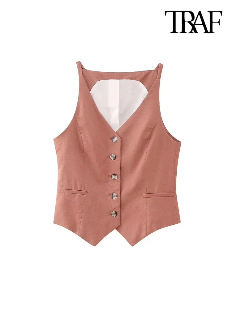 

TRAF Women Fashion Front Button Linen Waistcoat Vintage V Neck Sleeveless Female Outerwear Chic Vest Tops