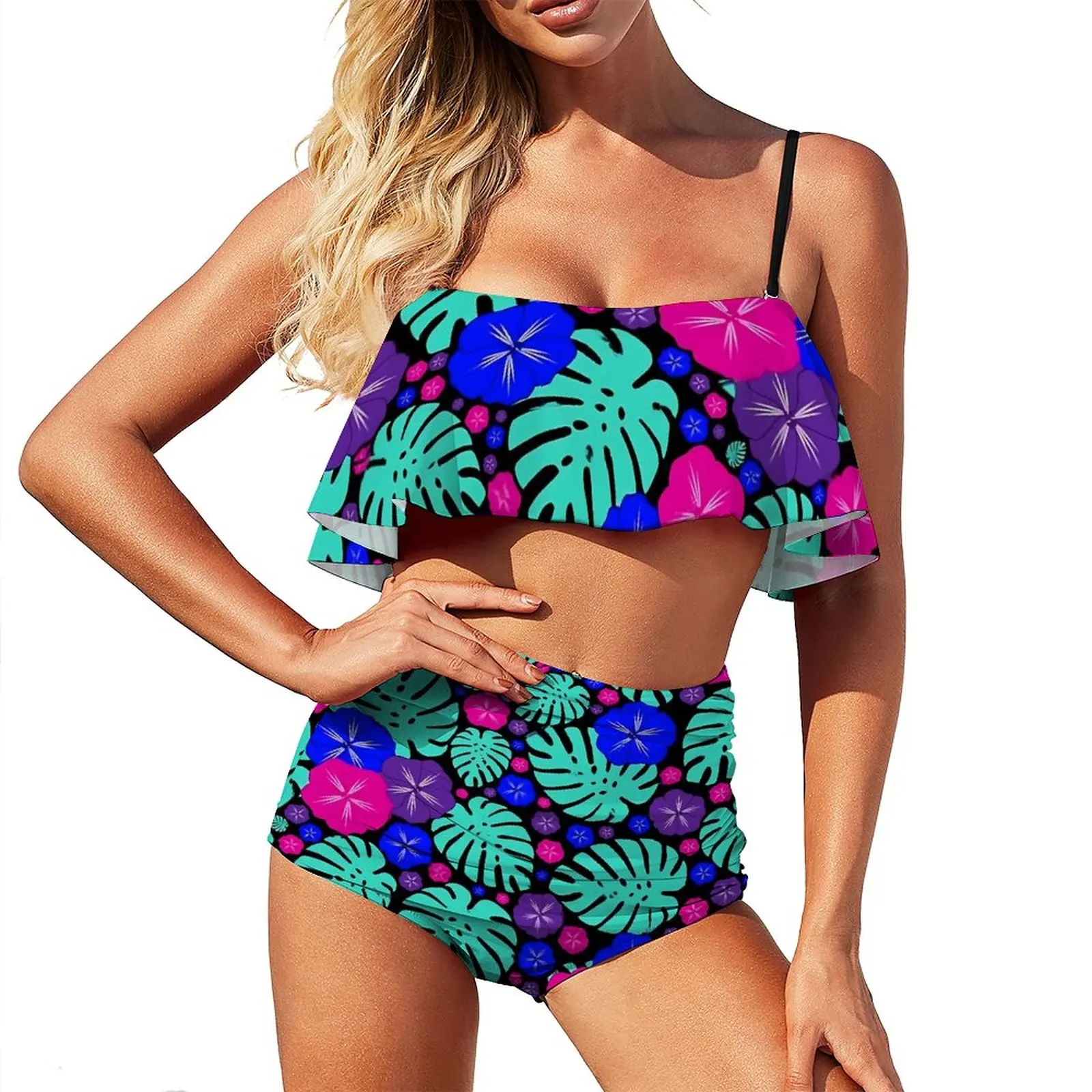 

Сексуальный тропический комплект бикини с цветочным рисунком, гибискус с высокой талией, простой купальник, фитнес-дизайн, пляжная одежда