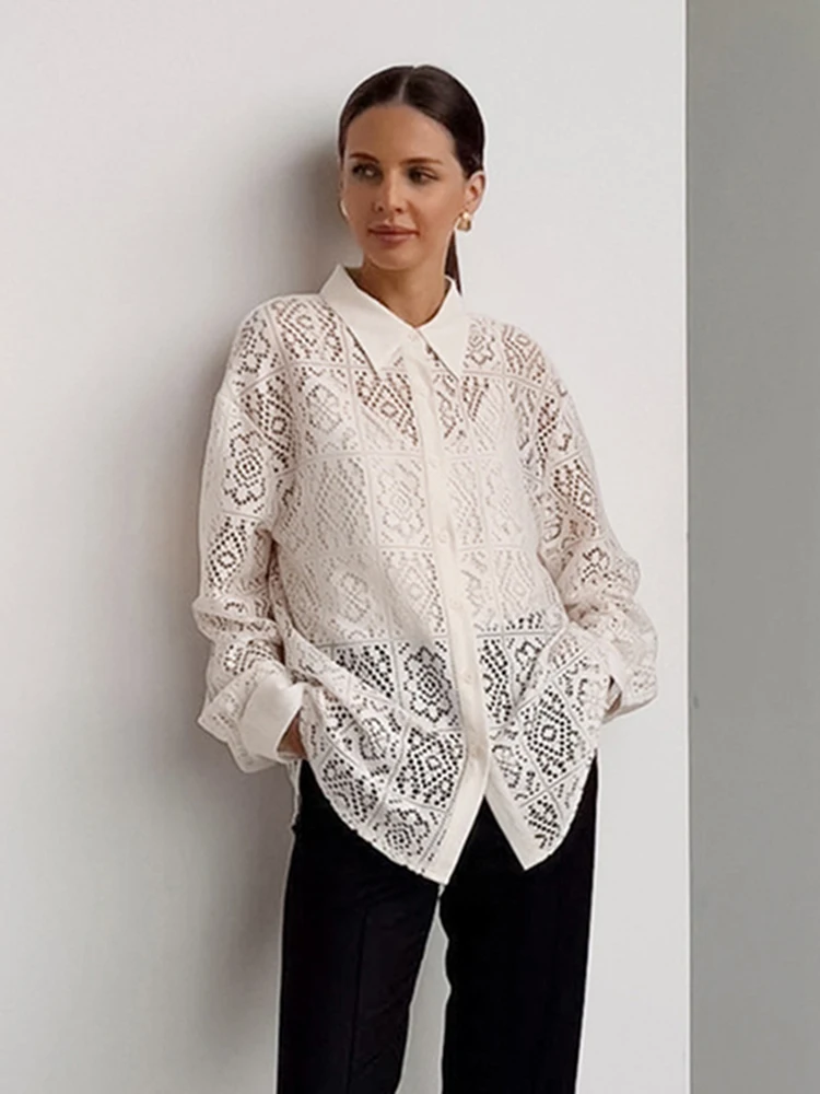 

Новинка 2023, кружевная ажурная рубашка Jyate, женские универсальные однобортные рубашки, элегантный летний топ с отворотом и длинным рукавом для женщин