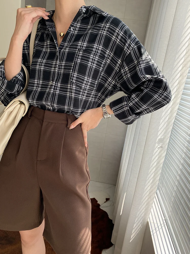 Женская Толстая Блузка в клетку черная элегантная Свободная рубашка с отложным