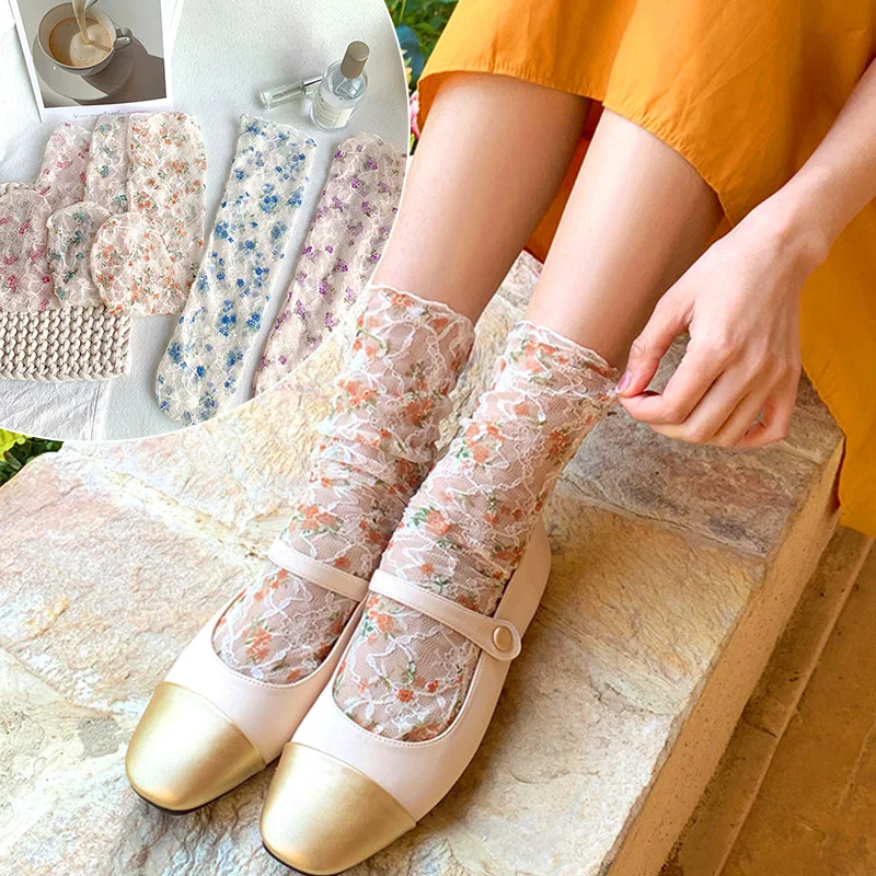 

Women Breathable Transparent Princess Sock Mesh Lace Socks Mid-calf Floral Embroidery Thin Vintage Loose Soft Lolita