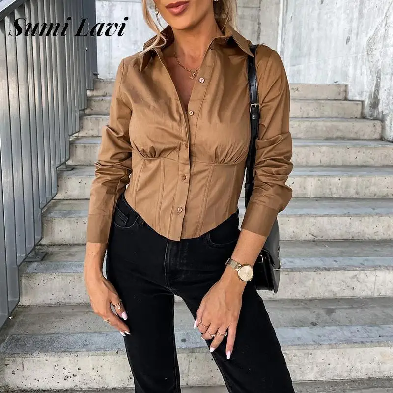 

Sexy Lapel Solid Corset Blouse Fashion Women Long Sleeves Short Skinny Shirt Top All-match Women Office Button Waist Slim Blouse