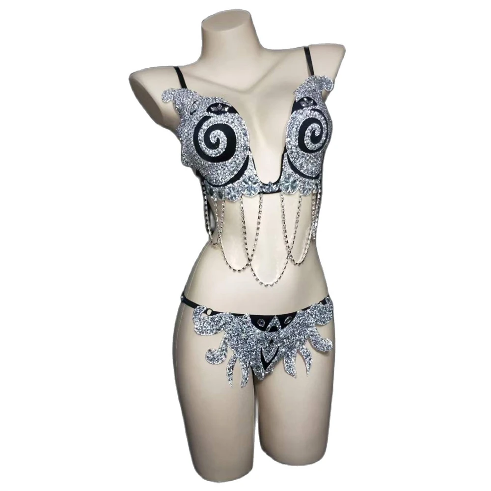 

Вихревой Стиль, женское бикини со сверкающими кристаллами, пикантное бикини для бассейна, вечеринки, сценического шоу, подиума, ночного клуба, костюм