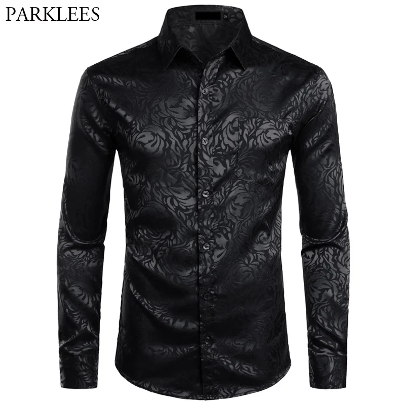 

Men's Floral Black Dress Sirts Stylis New Lon Sleeve Steampunk Sirt Men Party Club Bar Social Sirt Male Cemise omme