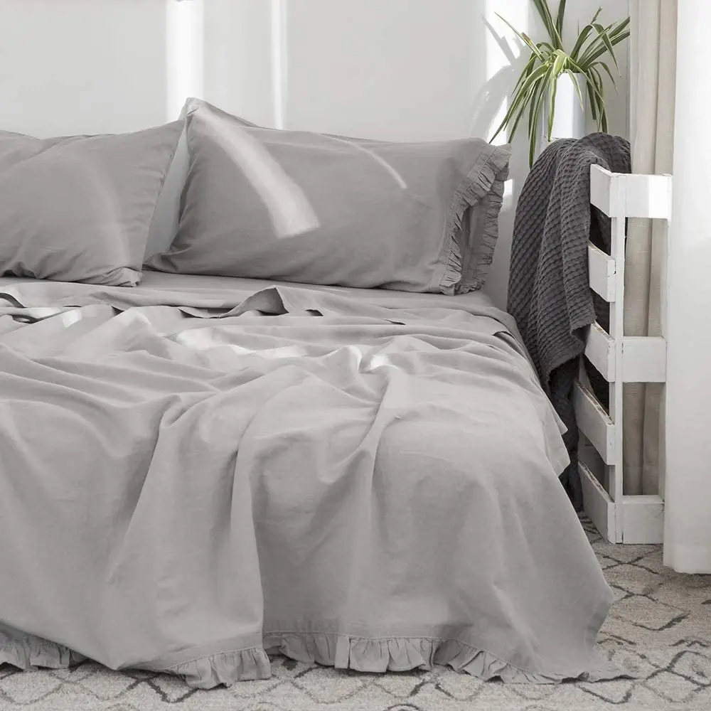 

Simple&Opulence Bedding Set 3/4Pcs Linen Sheet Set Solid Color Blended Bed Belgian with Ruffles Breathable Fitted Sheets