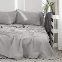 Simple&Opulence 3/4Pcs Solid Color Blended Bedding Set Bed Belgian Linen Sheet Set with Ruffles Fitted Sheets