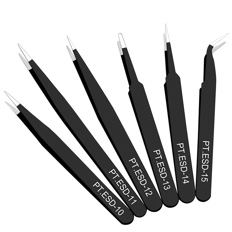 

6pcs Anti-static ESD Stainless Steel Tweezers Maintenance Tools Industrial Precision Curved Straight Repair Tools