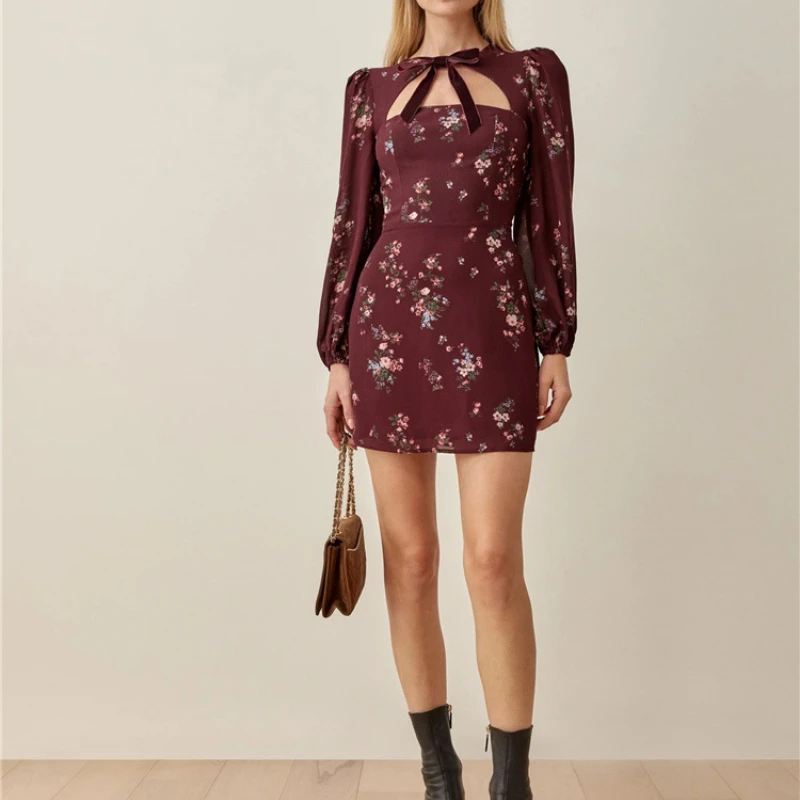 

French Retro Floral Polka Dot Long-sleeved Mini Dress 2022 Summer New Women's High Waist Slim Tie Elegant Short Robe Sexy Dress