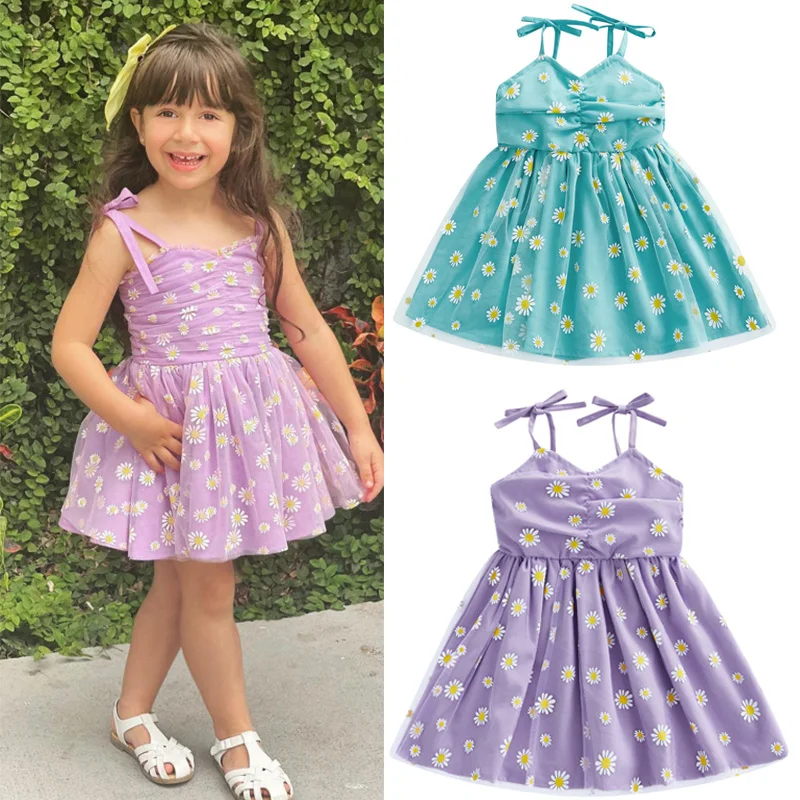 

Summer 3 Colors Kids Girls Summer Princess Dress 1-6y Sunflowers Sleeveless Sling Tie-up Spaghetti Strap Mesh Tulle Sundress