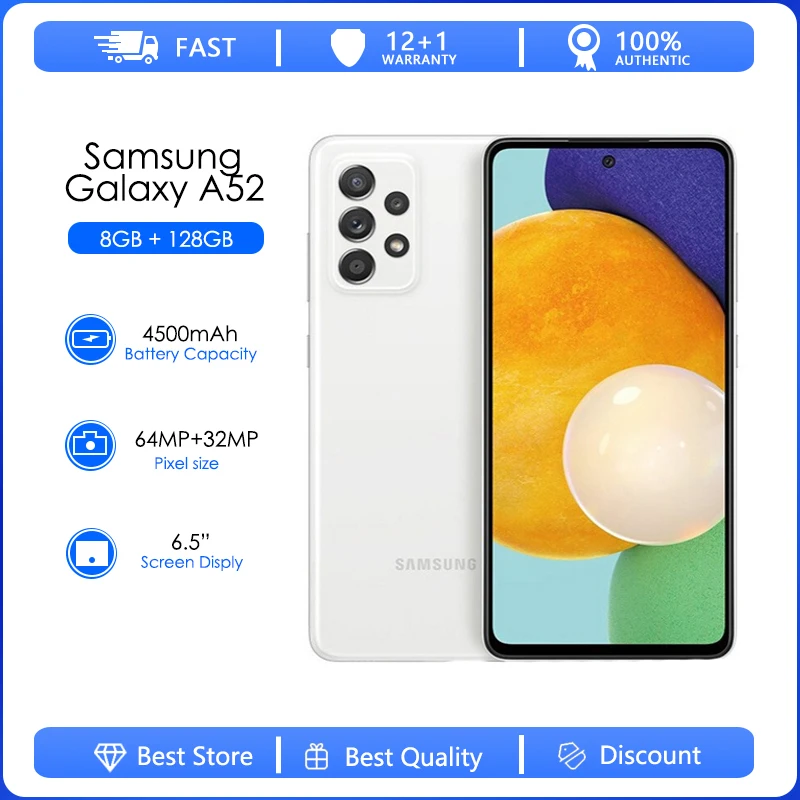 

Оригинальный разблокированный Samsung Galaxy A52 A525F, Восьмиядерный, Android, Wi-Fi, 25 МП, 6,5 дюйма, ГБ, 8 ГБ ОЗУ, быстрая зарядка, 25 Вт