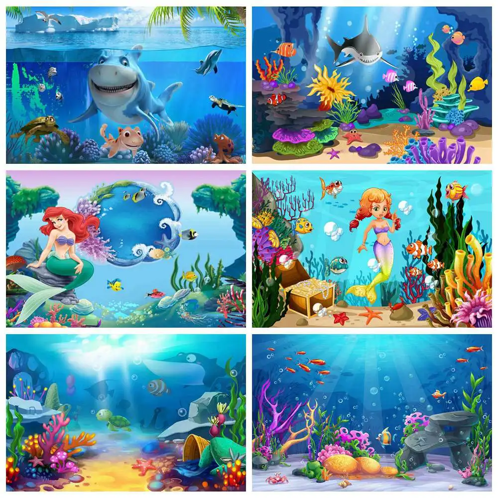 

Shark Mermaid Birthday Backdrop Photography Decoration Baby Tropical Aquarium Undersea Dolphins Shipwreck Party Photo Background