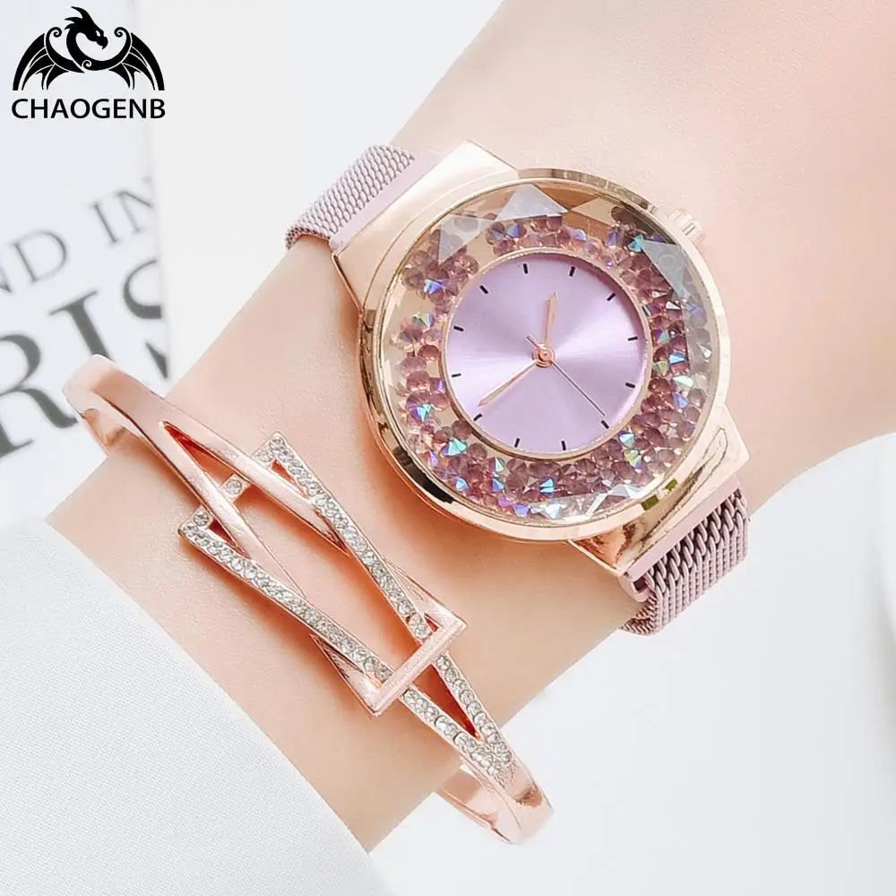 

Fashion Women's Watches Creative Quartz Magnet Buckle Movable Rhinestones Luxury Ladies Watch For Women Wristwatch Pink Clock