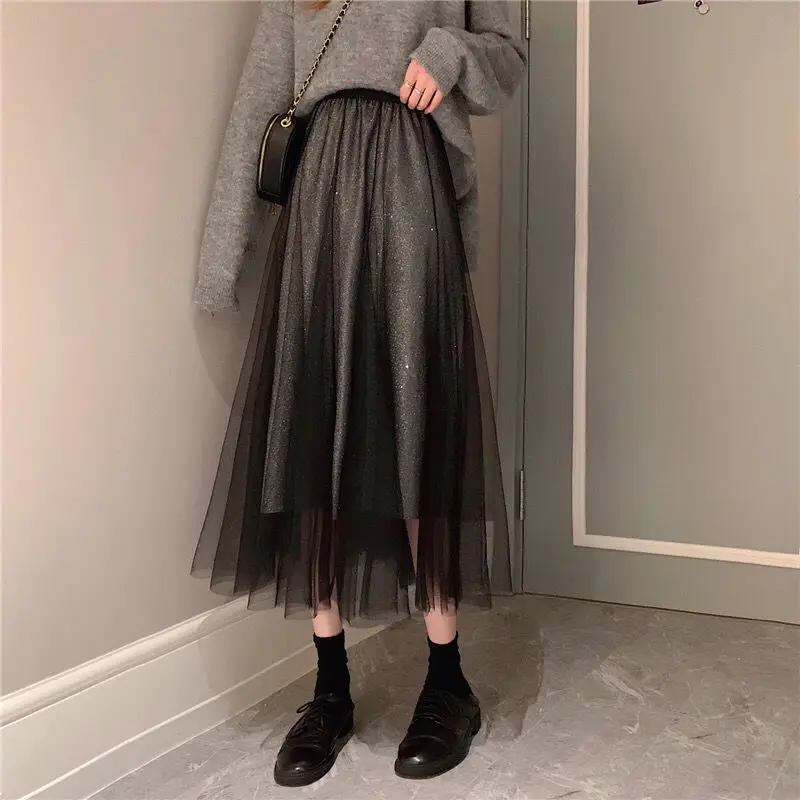 

Women's Shiny Skirt Bling Mesh A-line High Waist Long Pleated Skirt Korean All-match Spring Autumn Winter 2022 New Wholesale