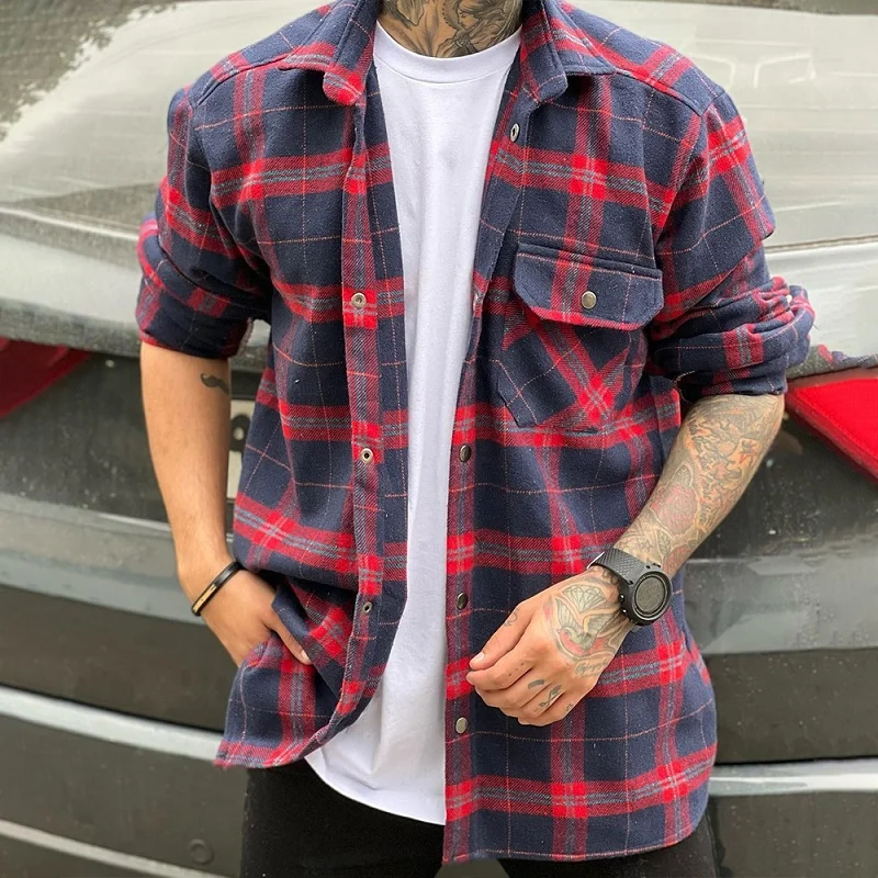 

2023 Spring Covered Button Lapel Shirt Men Retro Plaid Print Patchwork Youth Clothing Autumn Long Sleeve Pocket Man Tops T-shirt