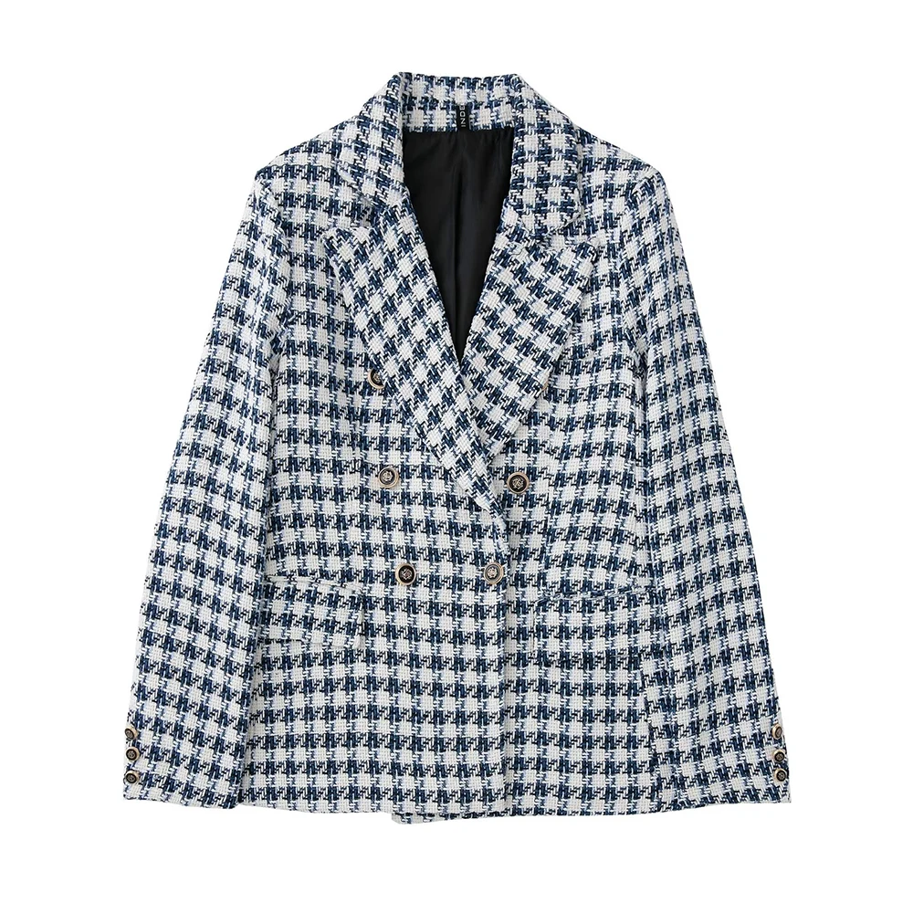 

WOMEN TRAF New 2022 Autumn Winter Double Breasted Plaid Pattern Blazer Temperament Retro Female Unique Suit Jacket Tops 7553114