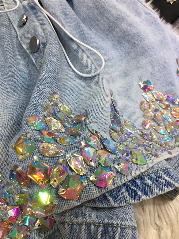 Short Jeans Women 2023 Summer A- Line Shorts Heavy Industry Beads Jeans Female Light Blue Elastic Waist Wide-Leg Pants Female