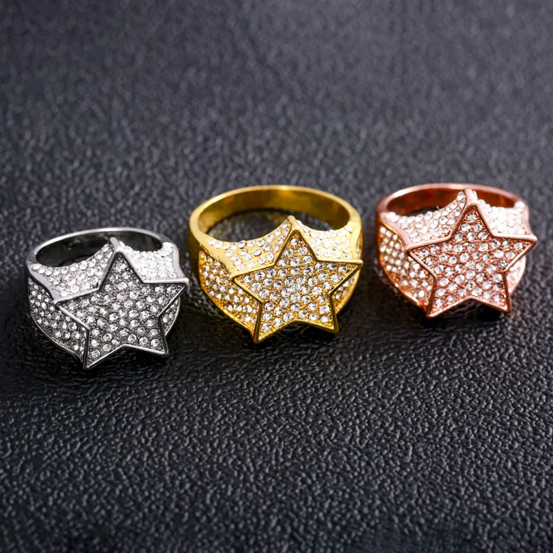 

Milangirl New Hip Hop Rock Five Star Rings Men Luxury Rhinestones Zircon Pentagram Rings Women Wedding Party