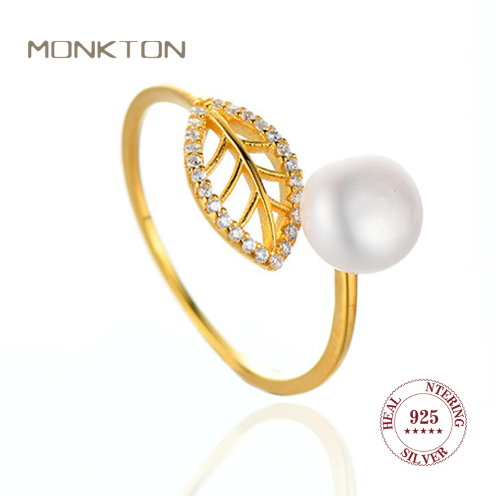 

Monkton 925 Sterling Silver Freshwater Pearl Ring for Women Leaf Shaped Zircon Wedding Ring Engagement Jewelry Anillos Mujer