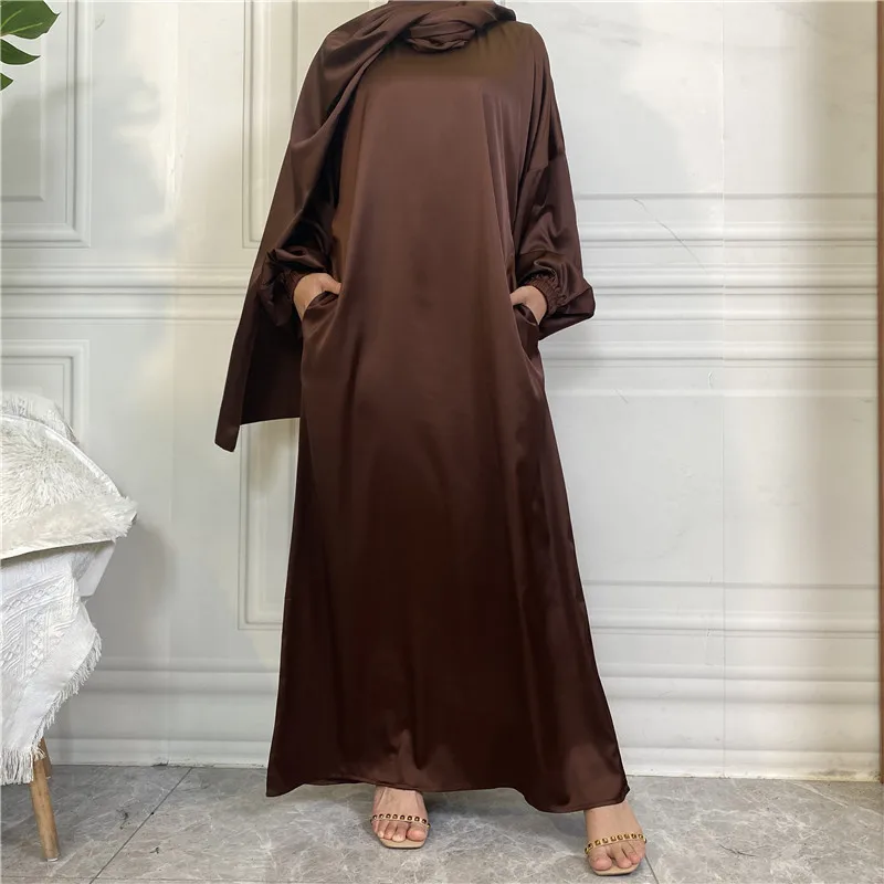 Muslim Dress Women Sleek Minimalist Solid Satin Dress with Bandana with Side Pockets Abayas for Women Dubai 2022 Baratas Islam