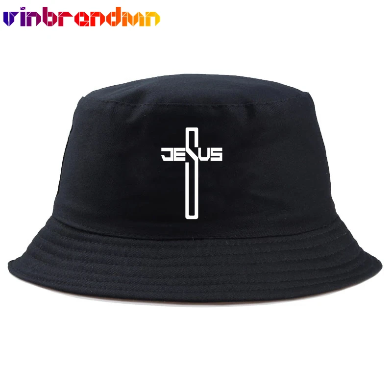 

New Men Women Fashion Jesus Cross Print Bucket Hats for Hip Hop Cotton Fisherman Hat Sun Visor Beach Sun Caps Dad Hats