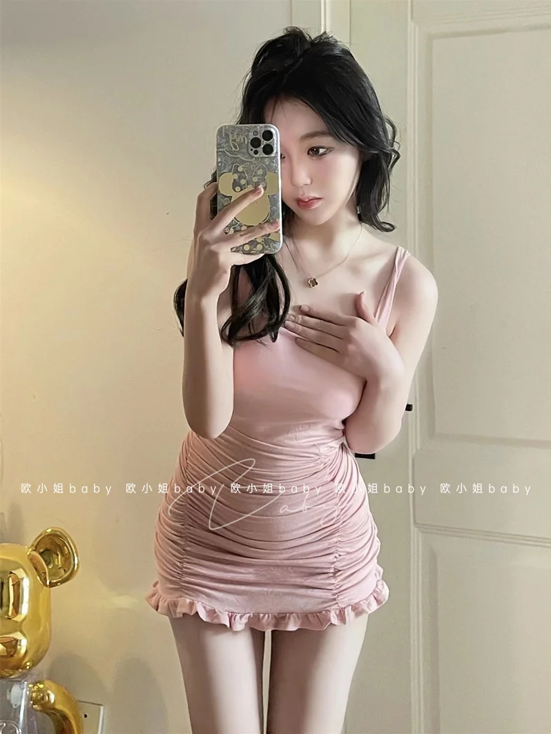 

TVVOVVIN Korea New Sexy Pleated Mini Dress Sleeveless Short Ruffles Vest Pink Dresses Hot Sexy Korena Women Tops Fashion LS5N