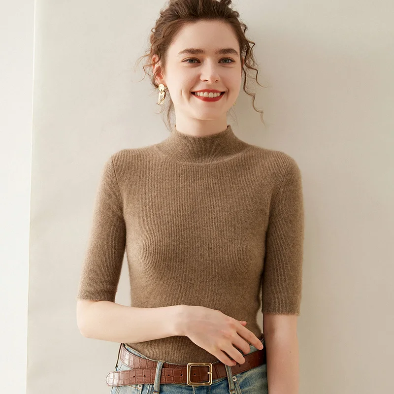 Женский шерстяной облегающий однотонный эластичный пуловер с коротким рукавом и
