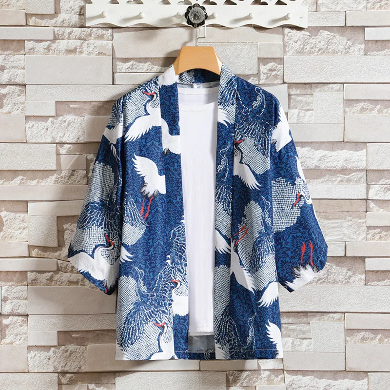 Men Print Crane 2PCS Robe Pajamas Sets Cotton Large Size Loungewear Beach Style Kimono Pyjamas Suit Cardigan Lingerie Home Wear