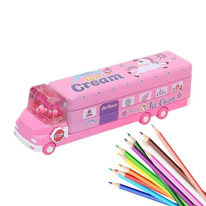 Case Creative Bus Shape Color Pencil Holder With 3 Layers Multifunction Stationery Box Easy Access Pencil Box