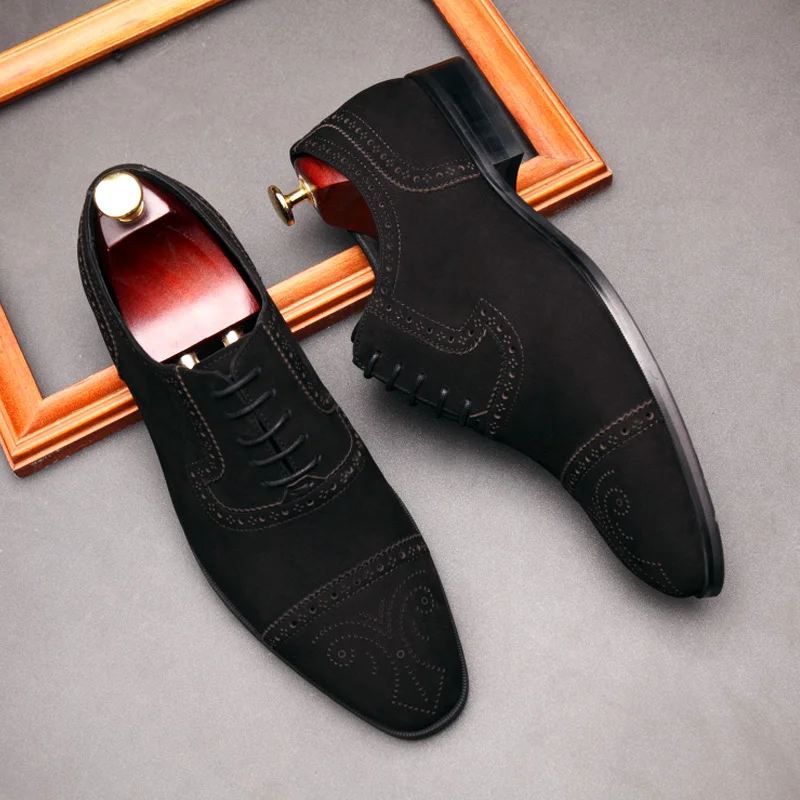 

Genuine Leather Suede Man Oxford Brogues Shoes Black Brown Laces Up Formal Men Shoe Wedding Business Cap Toe Men Dress Shoe