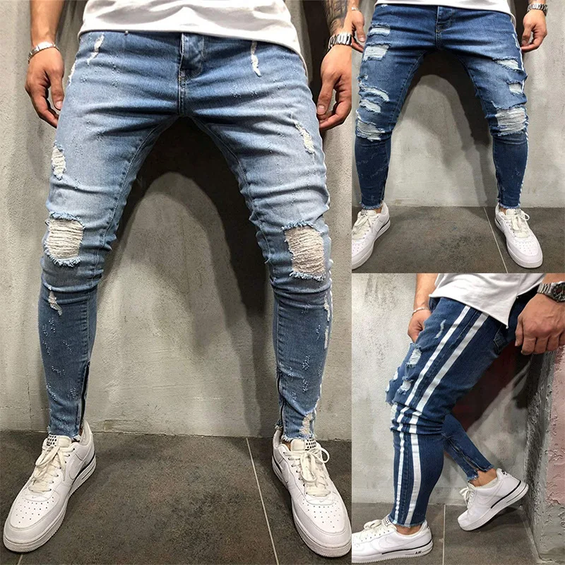 

New Arrival Mens Distressed Streetwear Fashion Slim Stretch Damaged Holes With Bandana Ribed Patches Ripped Skinny Jeans